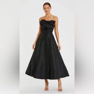 Black Strapless A-Line Tea Length Statement Bow Dress